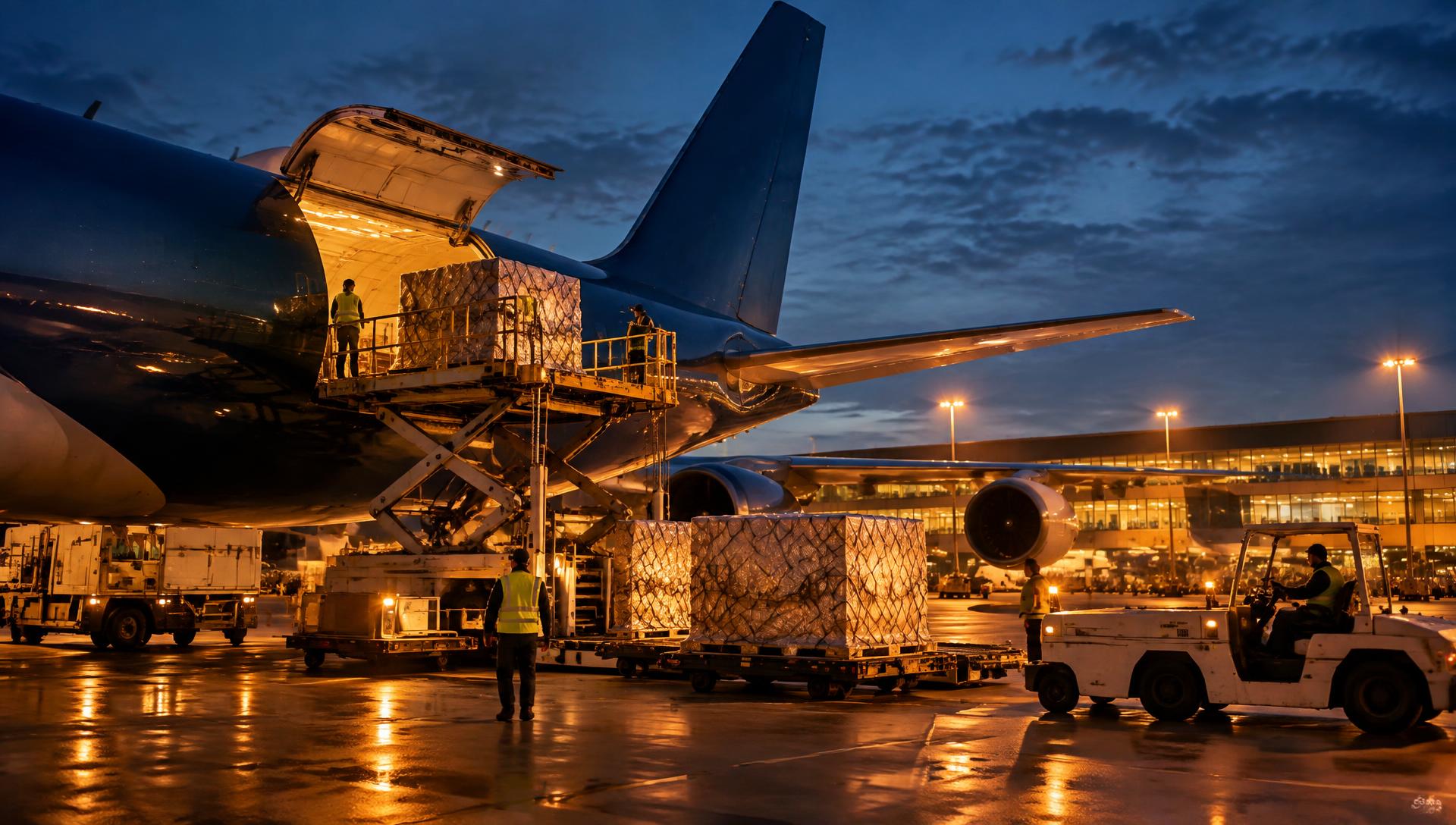 Cargo aircraft being loaded at a SwiftWay Worldwide air gateway at dusk
